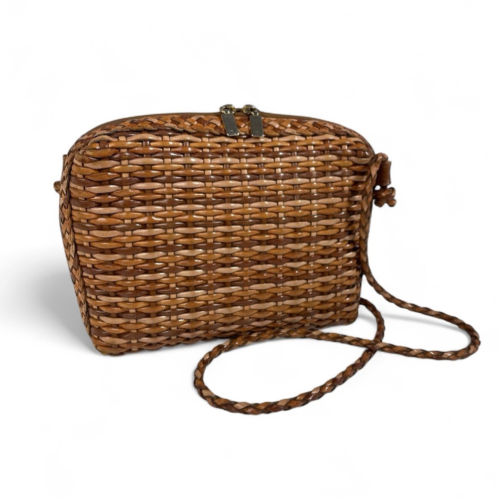 CEM | Vintage Natural Leather Woven Crossbody Bag Purse Braided Trim Zip Top